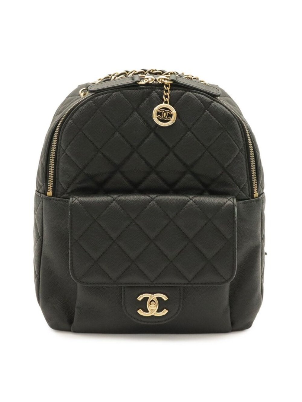 Chanel Quilted CC Logo Chain Backpack Mini Caviar Leather Black Gold